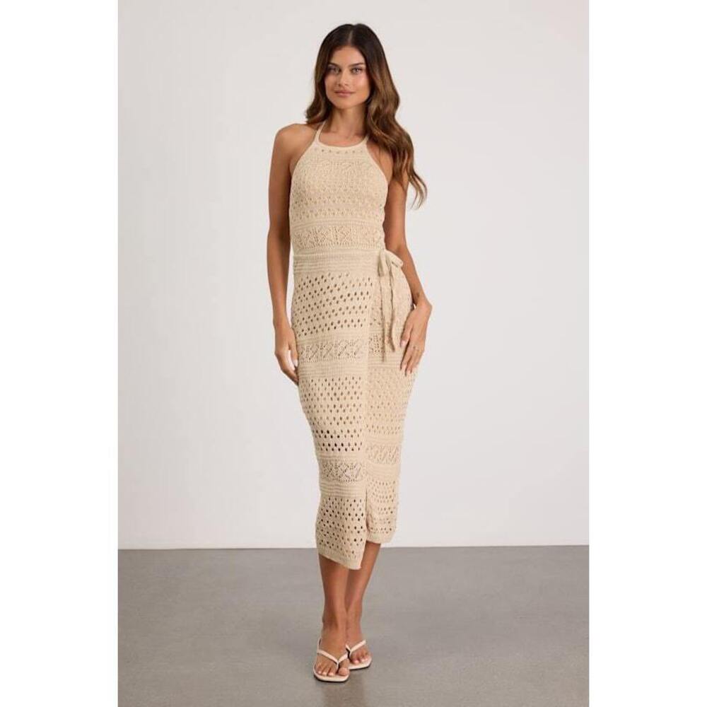 Lulus Blissful Strolls Beige Crochet Faux-wrap Halter Midi Dress - Size L
